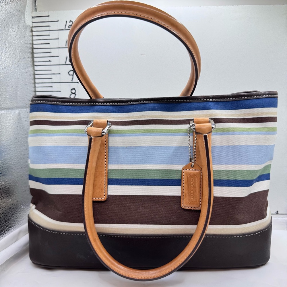 Coach Striped Tote Bag - Blue, Green, Brown, Tan